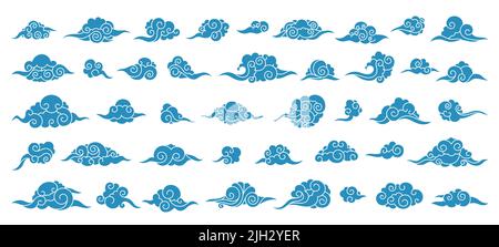 Asian clouds ornament. Chinese Japanese Korean oriental outline festive decorative elements, traditional sky art background. Vector isolated set Stock Vector