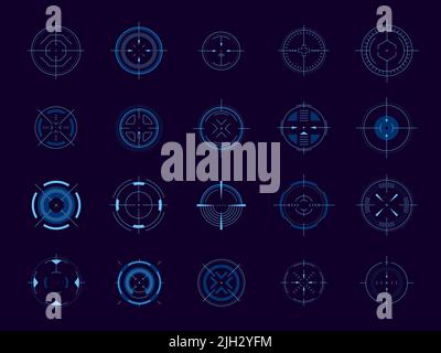 Futuristic aim pointer. Circle HUD user interface element, weapon collimator round aim, digital focus UI game asset. Vector accuracy symbols isolated Stock Vector