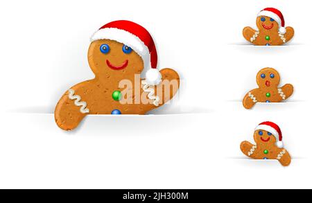 Set of Christmas gingerbread mans looks out from behind a vertical white paper sheet Stock Vector