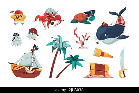 Cartoon pirate collection. Cute marine animals in pirate costumes, spyglass wooden chest palm trees and sailboat kids illustration. Vector isolated Stock Vector