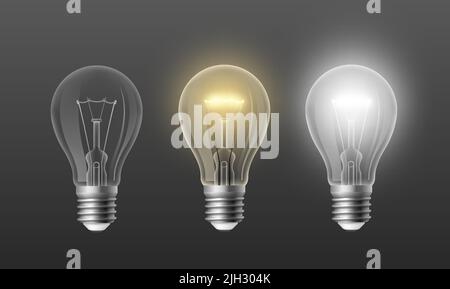 On off light bulb. Realistic retro incandescent lamp glowing withe and yellow light on transparent background. Vector idea and knowledge concept Stock Vector