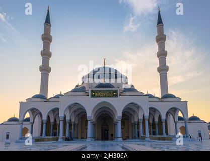 Beautiful view of Sharjah Grand Mosque in the evening, United Arab Emirates Stock Photo