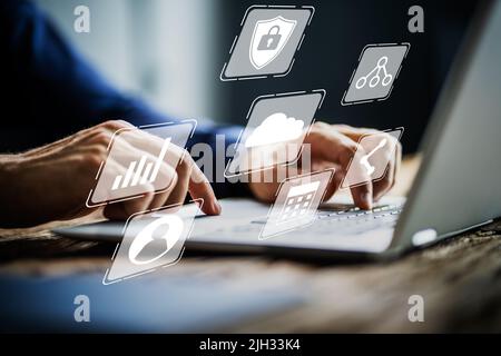 Cloud Backup Technology On Laptop Computer. Client Data Stock Photo