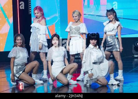 Goyang, South Korea. 13th July, 2022. K-Pop girl group Beautybox, performs on the stage during a MBC TV K-Pop music chart program “Show Champion” at MBC Dream Center in Goyang, South Korea on July 13, 2022. (Photo by: Lee Young-ho/Sipa USA) Credit: Sipa USA/Alamy Live News Stock Photo