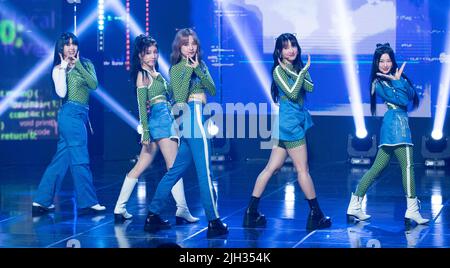 Goyang, South Korea. 13th July, 2022. K-Pop girl group PIXY, performs on the stage during a MBC TV K-Pop music chart program “Show Champion” at MBC Dream Center in Goyang, South Korea on July 13, 2022. (Photo by: Lee Young-ho/Sipa USA) Credit: Sipa USA/Alamy Live News Stock Photo