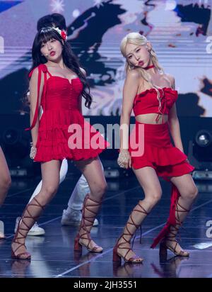 Goyang, South Korea. 13th July, 2022. K-Pop girl group 1CHU, performs on the stage during a MBC TV K-Pop music chart program “Show Champion” at MBC Dream Center in Goyang, South Korea on July 13, 2022. (Photo by: Lee Young-ho/Sipa USA) Credit: Sipa USA/Alamy Live News Stock Photo