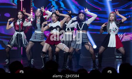 Goyang, South Korea. 13th July, 2022. K-Pop girl group Lapillus, performs on the stage during a MBC TV K-Pop music chart program “Show Champion” at MBC Dream Center in Goyang, South Korea on July 13, 2022. (Photo by: Lee Young-ho/Sipa USA) Credit: Sipa USA/Alamy Live News Stock Photo