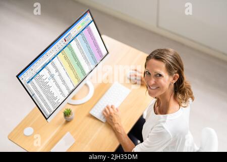 Electronic Spreadsheet Reports On Analyst Computer Screen Stock Photo