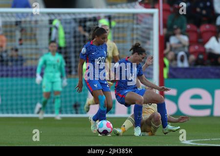France's Delphine Cascarino and Charlotte Bilbault in action with Belgium's Justine Vanhaevermaet during the UEFA Women European Championship Group D match between France and Belgium at the New York Stadium, Rotherham on Thursday 14th July 2022. (Credit: Mark Fletcher | MI News) Credit: MI News & Sport /Alamy Live News Stock Photo