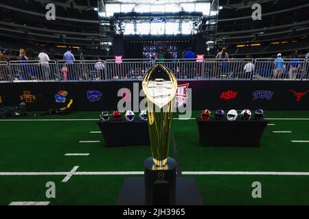 The College Football National Championship Trophy is displayed during Big 12 Conference media day, Wednesday, July 13, 2022 in Arlington, TX. (Mario T Stock Photo