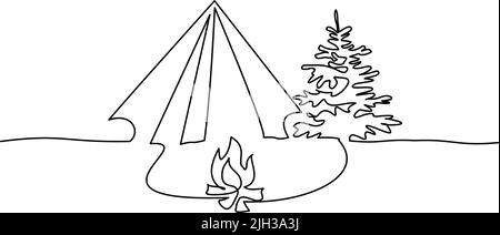 Tourist tent with fire and pine tree. Continuous Single one line drawing. Summer camping. Natural outdoor activities. Tent and fire camp. Draw design Stock Vector