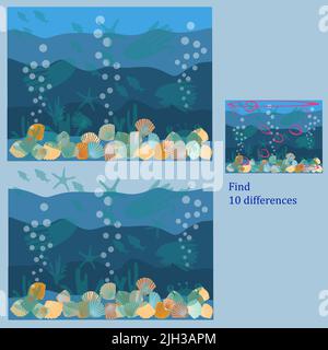 in the rebus for children up to 6 years old marine life find 10 differences Stock Vector