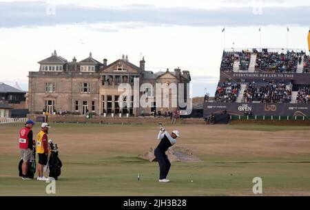 St.Andrews, UK. 14th July, 2022. American Tiger Woods drives on the 18th tee at the 150th Open Championship at St Andrews Golf Club in St Andrews, Scotland on Thursday, July 14, 2022. Photo by Hugo Philpott/UPI Credit: UPI/Alamy Live News