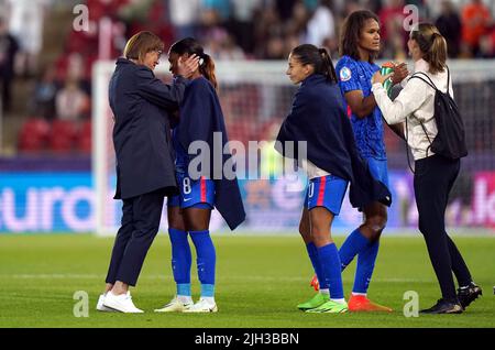 France head coach Corinne Diacre and Grace Geyoro after the UEFA Women's Euro 2022 Group D match at the New York Stadium, Rotherham. Picture date: Thursday July 14, 2022. Stock Photo