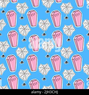 Vector Seamless Halloween pattern with coffins and spiders on a cobweb on a blue background. Stock Vector