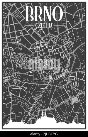 Dark printout city poster with panoramic skyline and hand-drawn streets network on dark gray background of the downtown BRNO, CZECHIA Stock Vector