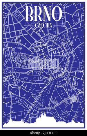 Technical drawing printout city poster with panoramic skyline and hand-drawn streets network on blue background of the downtown BRNO, CZECHIA Stock Vector