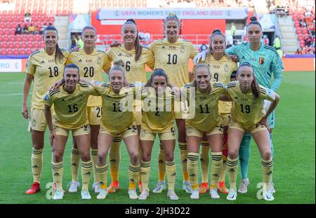 Rotherham, UK. 14th July, 2022. (upper L-R) Laura De Neve, Julie Biesmans, Tine De Caigny, Justine Vanhaevermaet, Tessa Wullaert, goalkeeper Nicky Evrard, (lower L-R) Jody Vangheluwe, Elena Dhont, Davina Philtjens, Janice Cayman and Sari Kees pictured posing for the team picture ahead of a game between Belgium's national women's soccer team the Red Flames and France, in Rotherham, England on Thursday 14 July 2022, second game in the group D at the Women's Euro 2022 tournament. The 2022 UEFA European Women's Football Championship is taking place from 6 to 31 July. BELGA PHOTO DAVID CATRY Credit Stock Photo