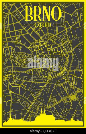 Yellow printout city poster with panoramic skyline and hand-drawn streets network on dark gray background of the downtown BRNO, CZECHIA Stock Vector