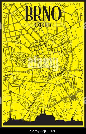 Golden printout city poster with panoramic skyline and hand-drawn streets network on yellow and black background of the downtown BRNO, CZECHIA Stock Vector