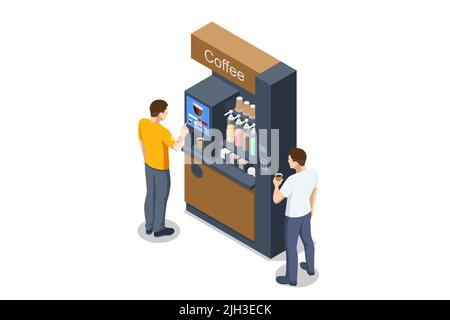 Isometric self-service coffee machines offer consistent quality coffee. Vending machine with coffee in the supermarket. Stock Vector
