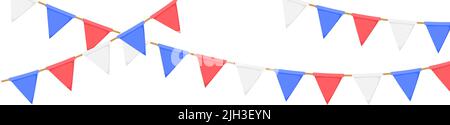 Flag garland. White, blue, red pennants chain. Party bunting decoration. Triangle celebration flags for event decor. Vector Stock Vector