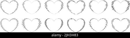 Collection of heart shape leaf wreath element decorative design for invitation card template Stock Vector