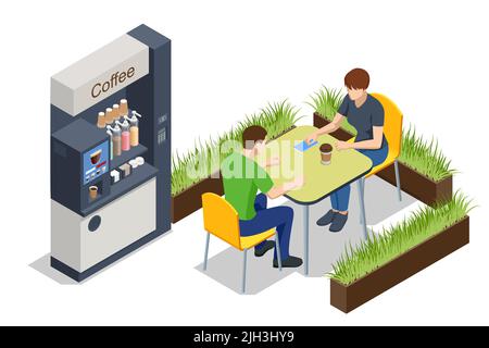 Isometric self-service coffee machines offer consistent quality coffee. Vending machine with coffee in the supermarket, Tables with chairs. Stock Vector