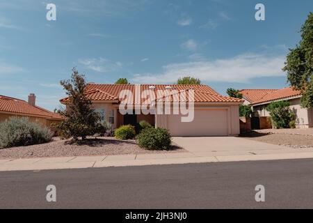 New one-story, beige stucco home Stock Photo