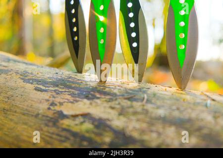 Throwing knives in a log in a sunny forest.Sport and hobby. metal knives for throwing in a mans hands on a fir forest background.Outdoor sports.Sports Stock Photo