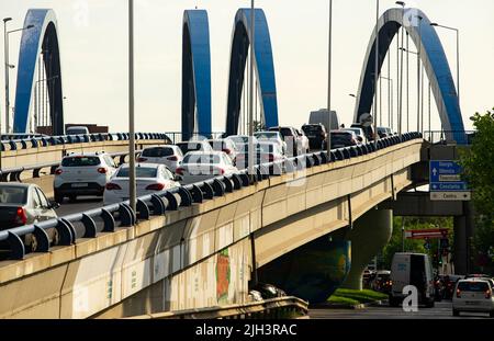 Bucharest, Romania - May 10, 2022: High car traffic on the Mihai Bravu Passage, at the end of Mihai Bravu Boulevard in Bucharest. This image is for ed Stock Photo