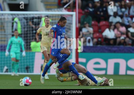 France's Delphine Cascarino avoids Charlotte Bilbault clash with Elena Dhont of Belgium during the UEFA Women European Championship Group D match between France and Belgium at the New York Stadium, Rotherham on Thursday 14th July 2022. (Credit: Mark Fletcher | MI News) Credit: MI News & Sport /Alamy Live News Stock Photo