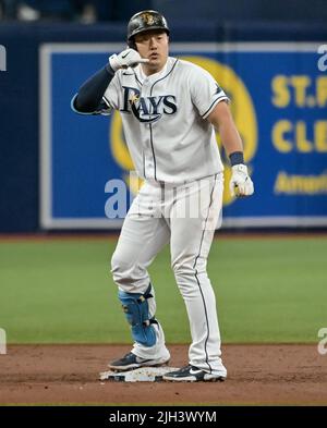 St Petersburg, USA. 14th July, 2022. Tampa Bay Rays' Ji-Man Choi gestures toward his dugout after hitting a double off Boston Red Sox starter Kutter Crawford during the third inning at Tropicana Field in St. Petersburg, Florida on Thursday, July 14, 2022. Photo by Steve Nesius/UPI Credit: UPI/Alamy Live News Stock Photo