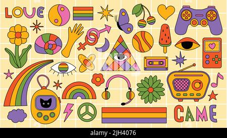Set of hipster retro cool psychedelic elements. Collection stickers of groovy cliparts from the 70s 60s. Collage with trendy pop vibe with funky Stock Vector