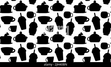 Seamless repeating pattern with drinks and desserts for cafe menu. Print for a shop with tea and coffee and a hot drink. Vector illustration. Stock Vector
