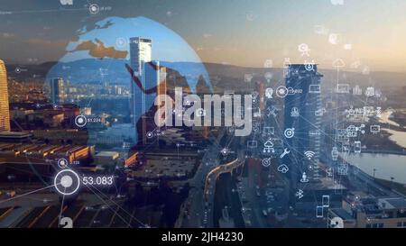 Global connection and the internet network modernization in smart city . Concept of future 5G wireless digital connecting and social media networking Stock Photo