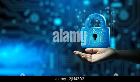 Businessman hand holding Padlock with Keyhole. Cyber data and information privacy. Future technology security, Network protection, and Modern safety. Stock Photo