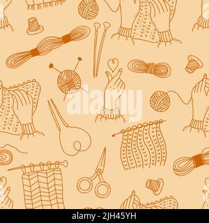 Seamless pattern. Knitting, threads and scissors, heart hand gesture and knitting hands with knitting needles on light yellow background. Vector Stock Vector
