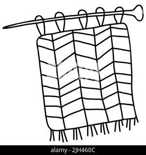 Knitting with threads. Knitted thing on needles. Vector illustration in hand drawn linear doodle style. Line, outline for design, decor, decoration. Stock Vector