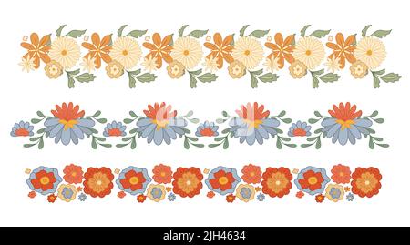 Vector set of seamless retro border with groovy flowers isolated from background. Collection of hippie frame with various flowers. Floral retro frieze Stock Vector