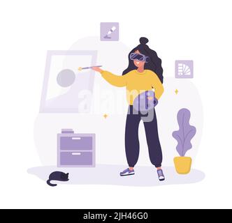 Woman in VR glasses creating NFT art in metaverse. Cyberspace or Virtual reality concept. Modern technology entertainment. Vector illustration in flat Stock Vector