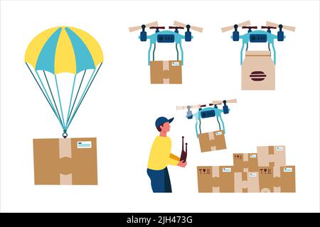 hot air balloon package drone delivering a package courier flying a drone with a package drone delivering a package of food Stock Vector