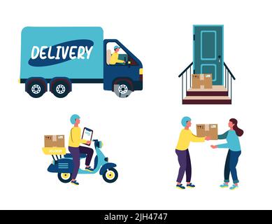 parcel delivery courier giving parcel to customer courier waiting with customer sheet parcel under door Stock Vector