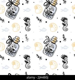 Seamless bottle pattern with a note inside, sea creatures and seaweed, hand-drawn elements in doodle style. Vintage bottle. Shells. Treasure card. Tre Stock Vector
