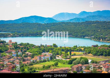 High angle view of the Lago Grande Big Lake of Avigliana in Piedmont Region Northern Italy Stock Photo