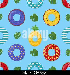 Cartoon swimming ring seamless pattern. Rubber or inflatable ring. Life saving floating lifebuoy for beach. Symbols of vacation or holiday Stock Vector