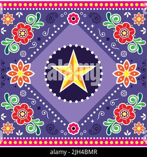 Indian and Pakistani truck art vector template design with star and flowers and empty space for text, Diwali pattern Stock Vector