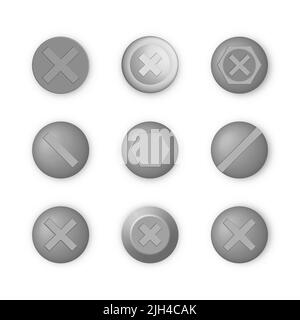 Hats of self-tapping screws of various types on a white background. Top view, vector illustration. Stock Vector