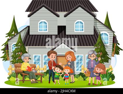 Happy family infront of the house on white background illustration Stock Vector