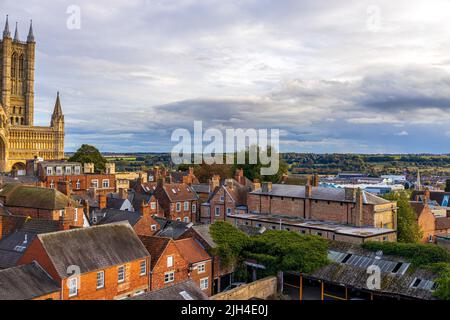 Lincolnshire is one of the most popular cities in the United Kingdom. Here a view from Lincoln Castle looking across the city just before sunset, on a Stock Photo